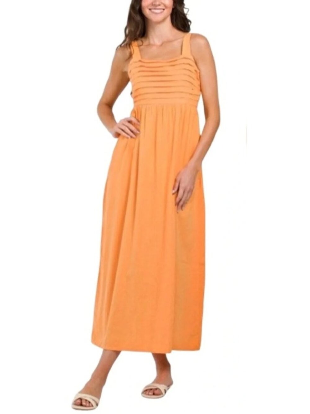 2/$30 TAHARI Linen Blend Pleated Smocked Bodice Midi Sundress Orange 12 #A6123